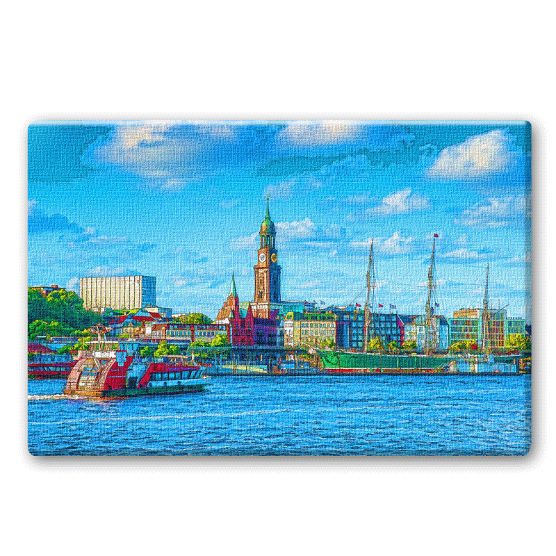 Blick von der Elbseite aus auf die Hamburger Landungsbrücken, die RIckmer Rickmers und den Michel im Hintergrund.