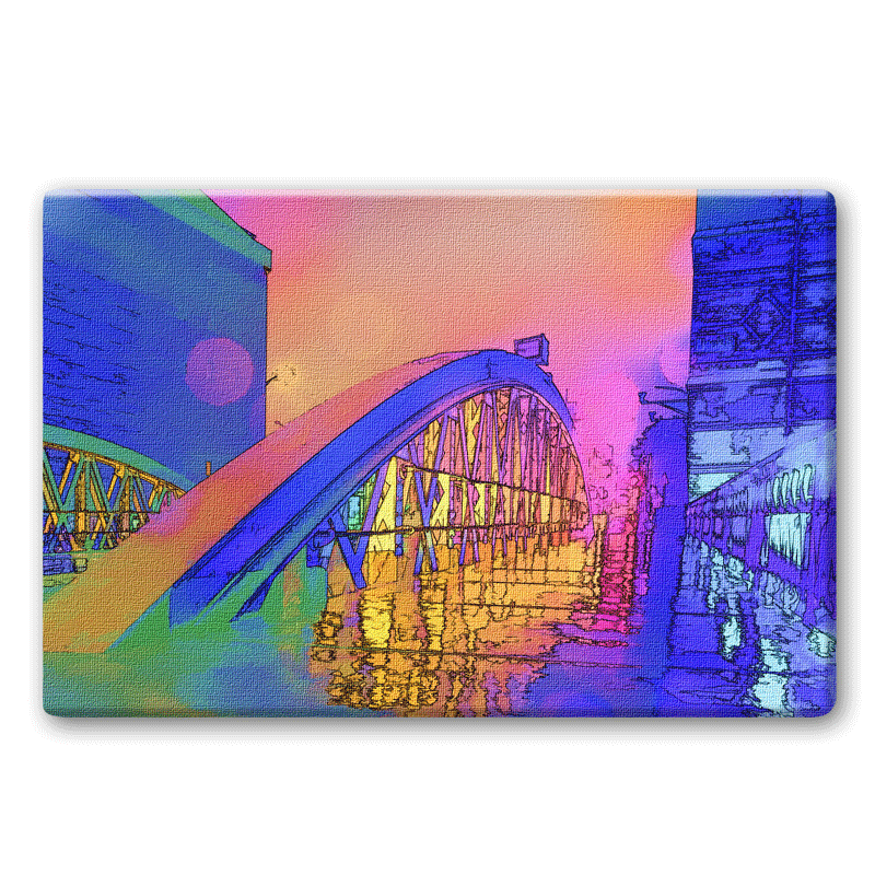 Detail einer Brücke in der Speicherstadt bei Regen.