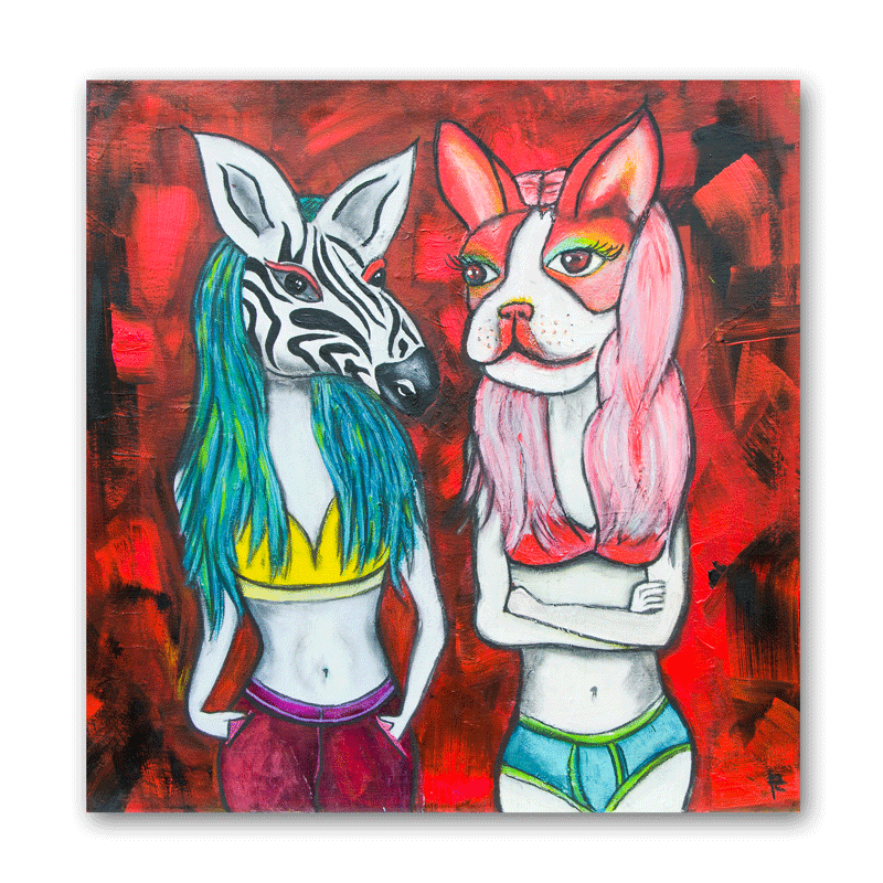 Zwei Mädchen mit Tiermassken- ein Zebra und ein Hund.