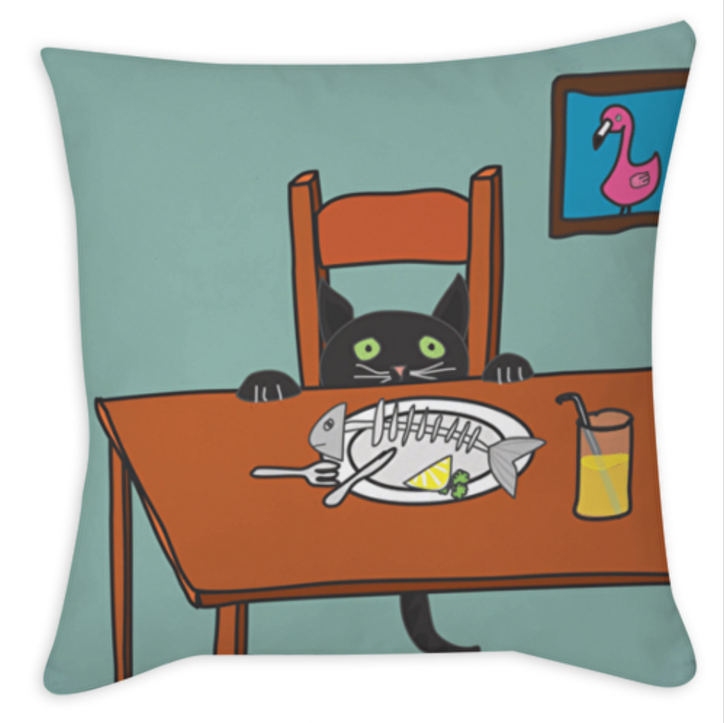 Dekokissen Vorderseite: Eine Katze sitzt an einem Tisch, vor ihr ein Teller mit einer Fischgräte.