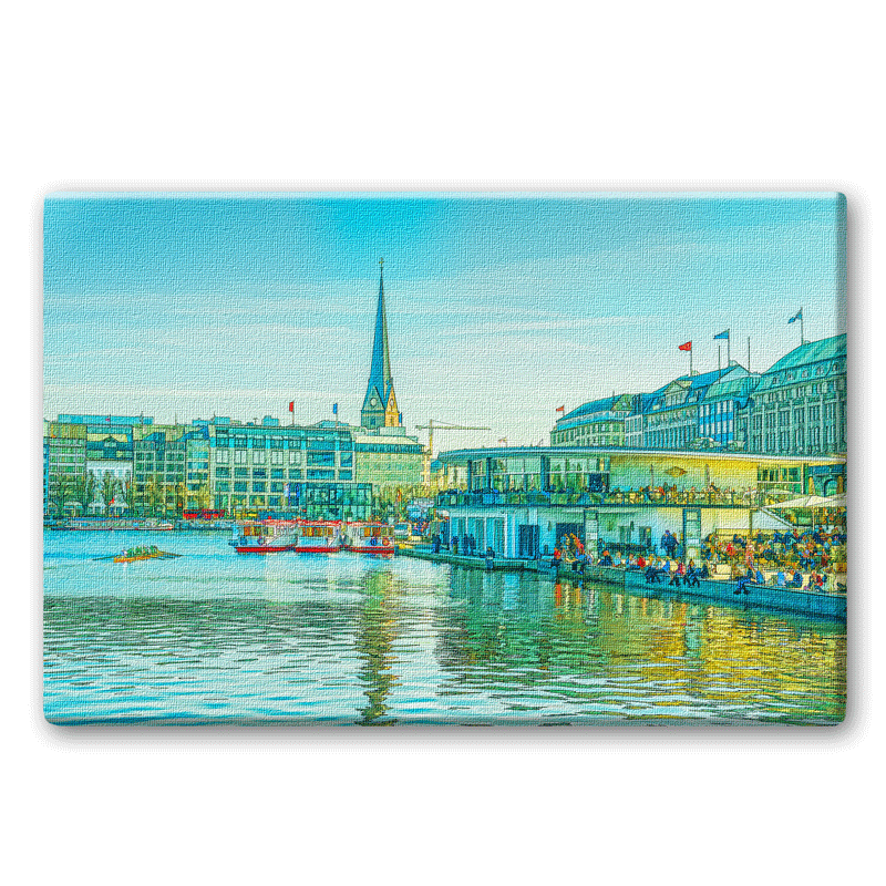 Seitlicher Blick auf die Binnenalster und den Alster-Pavillon. Im Hintergrund die Europapassage und die St. Petri Kirche.