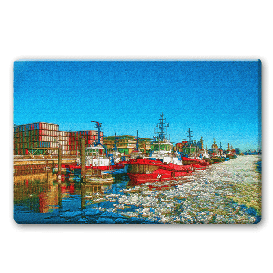 Viele Schlepper liegen am Schlepperpier Neumühlen auf der Elbe im Hamburger Hafen.