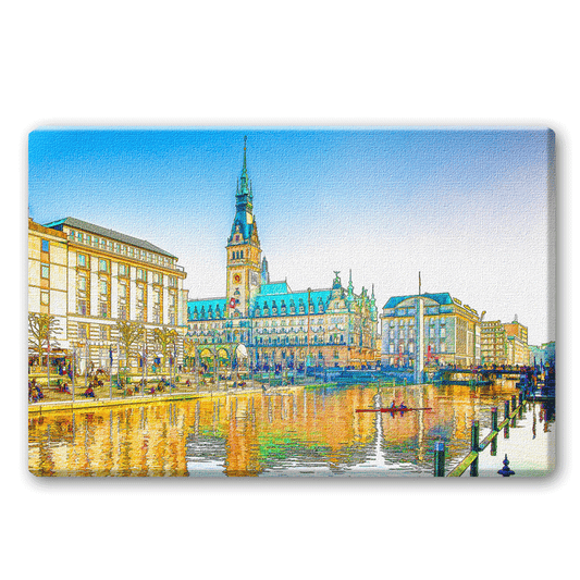 Das Hamburger Rathaus und der Alsterfleet aus Sicht der Alsterarkaden.