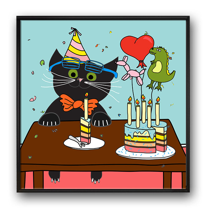 Illustration einer Katze, die an einem Tisch mit einer Geburtstagstorte sitzt feiert ihren Geburtstag mit Lufftballons
