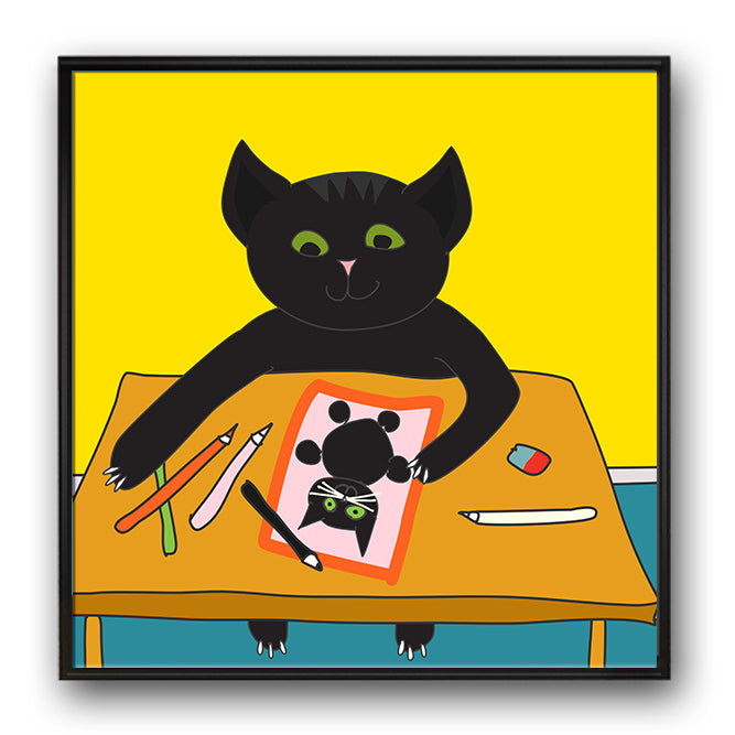 Eine Katze sitzt an einem Tisch und malt ein Bild von sich selbst.