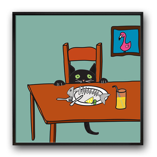 Illustration einer Katze, die an einem Tisch sitzt, vor ihr ein Teller mit einer Fischgräte